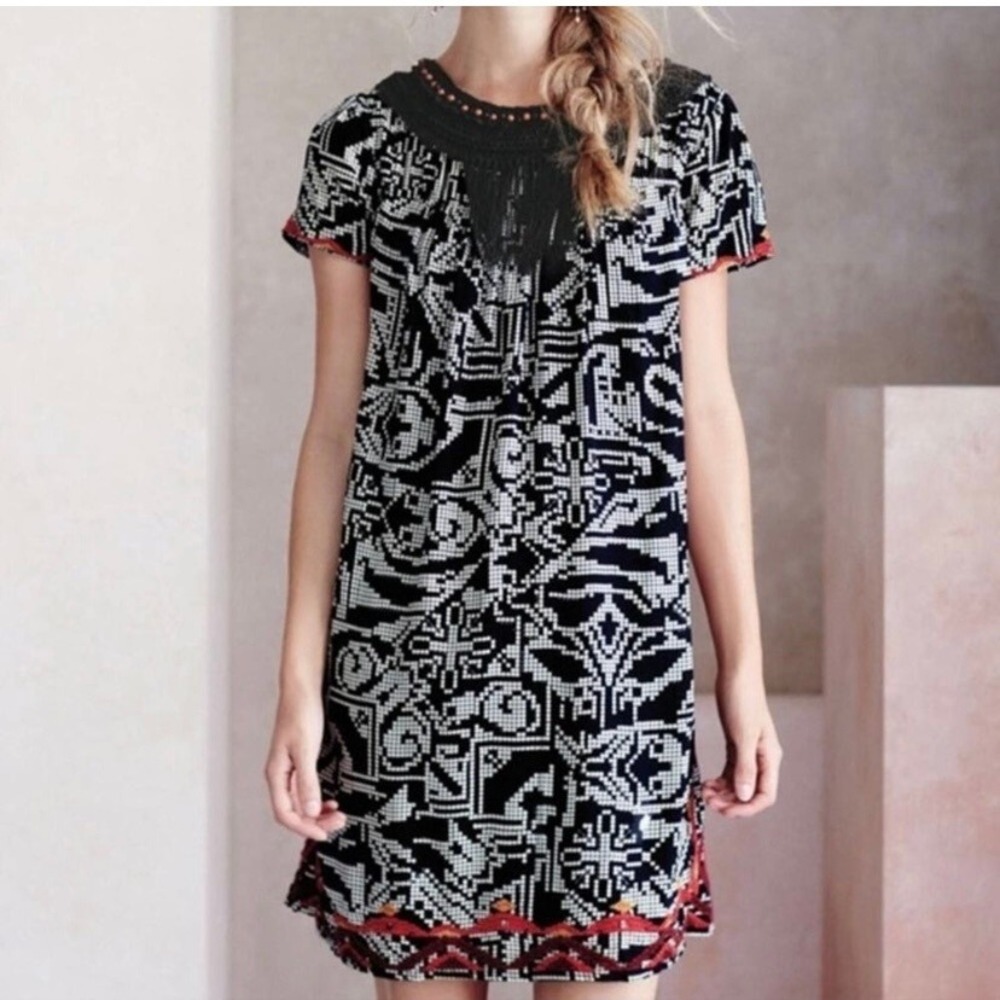 Anthropologie Floreat Abelia Black White Embroidered Fringe Shift Dress Women XS